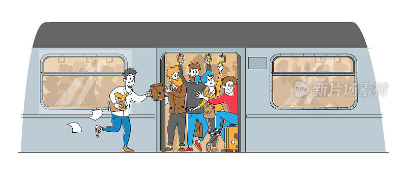 一名男子在地铁站台上向拥挤的列车奔跑。《Full Metro》中的人物在高峰时段互相推动